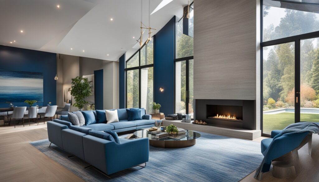 blue living room with vaulted ceilings