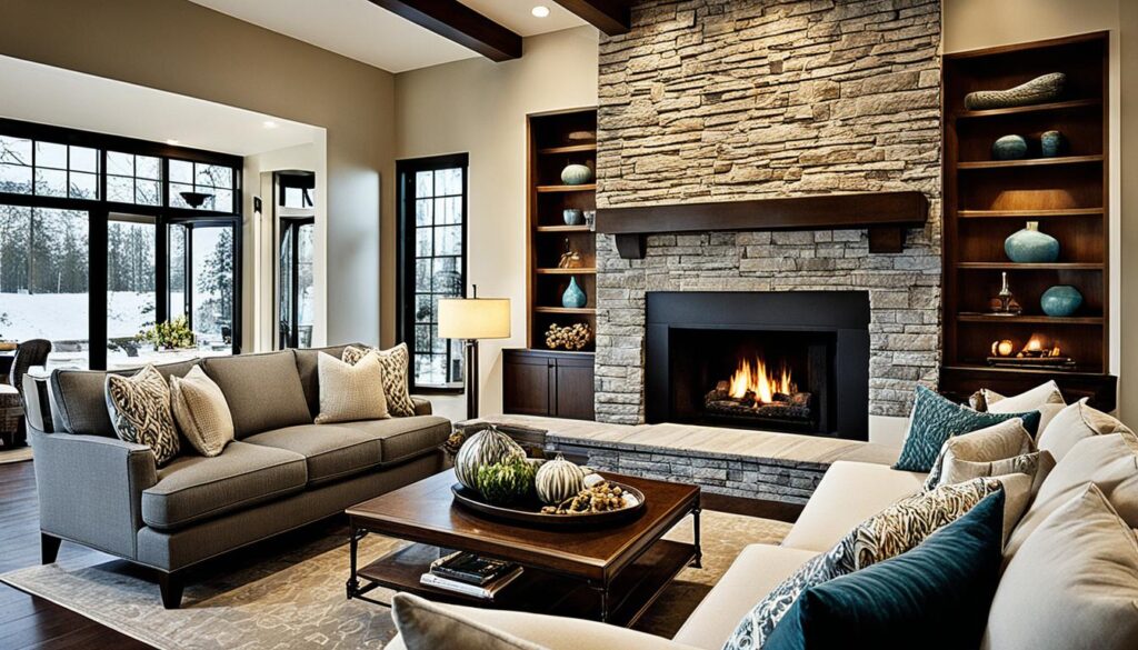 living room seating around fireplace