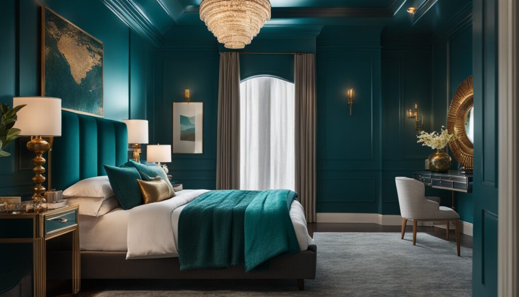 petrol blue and teal bedroom